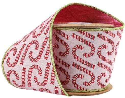 6507w-151-100c | 4" | Candy Cane on Pink w/ Dupioni Back Wired | Jacquard Ribbon | 5yd