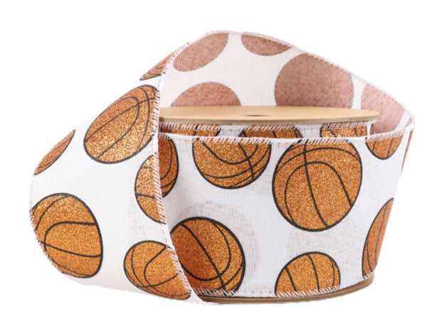 4419W-029-63E | 2.5" | Wired Cotton Ribbon | Glitter Basketballs on White | 10yd