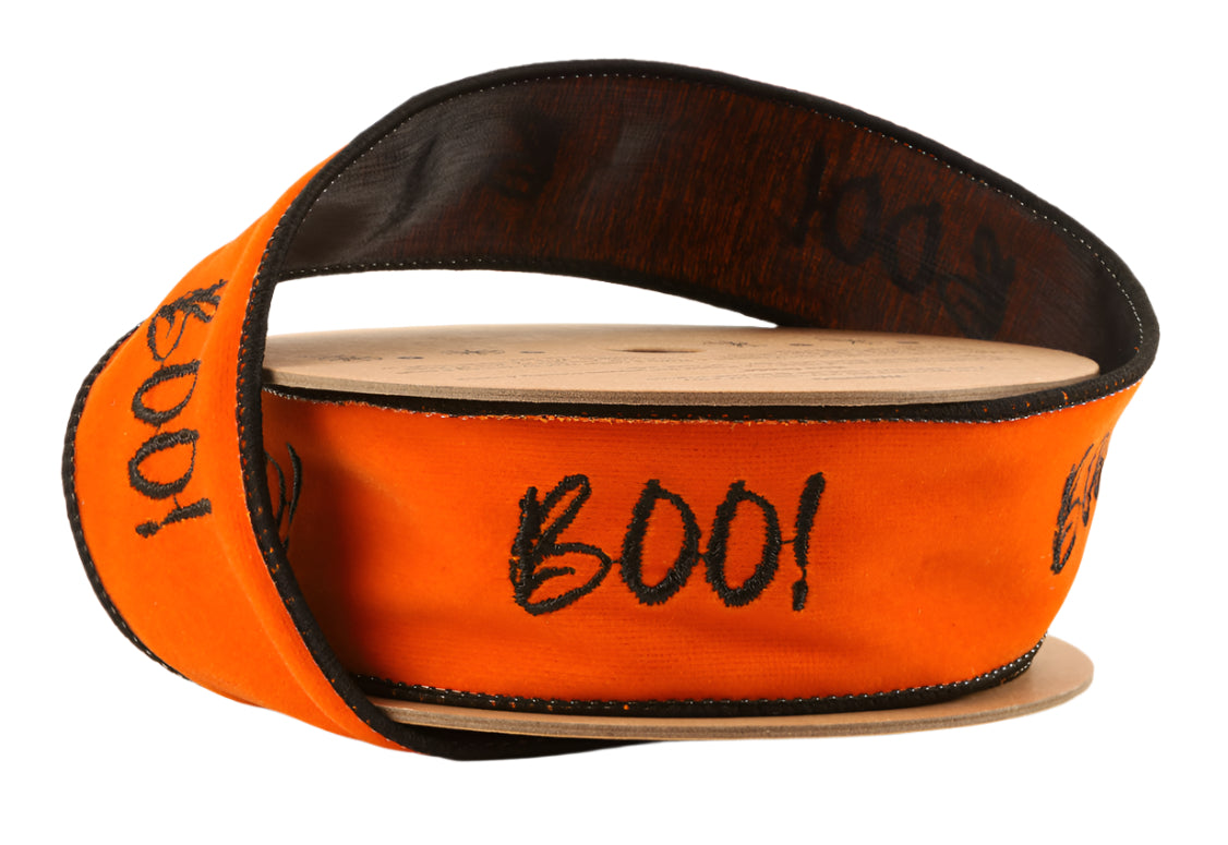 6910W-058-38E | 1.5" | Orange Embroidered Boo w/ Black Backing | Wired Ribbon | 10yds