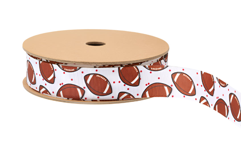 3113-029-22G | 7/8" | Printed Grosgrain Ribbon | Footballs on White | 25 Yard Roll