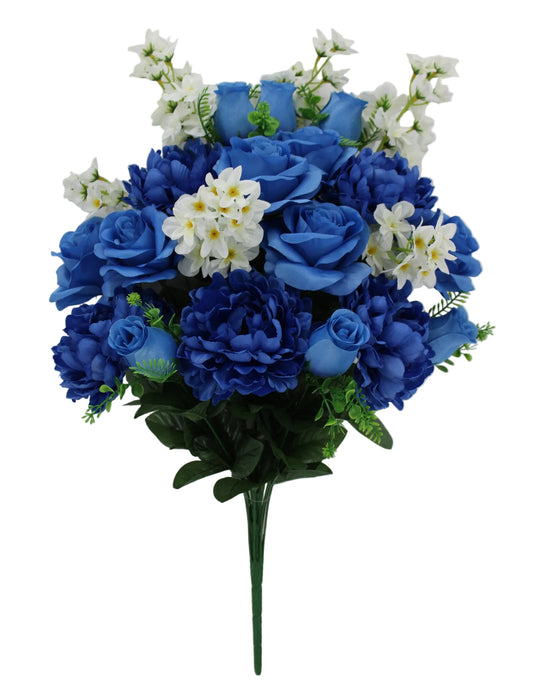 21273-BLCR | 27" | PEONY ROSE DELPHINIUM BUSH | BLUE/CREAM