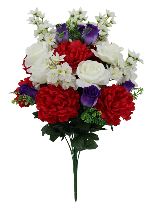 21273-RDPUCR | 27" | PEONY ROSE DELPHINIUM BUSH | RED/PURPLE/CREAM