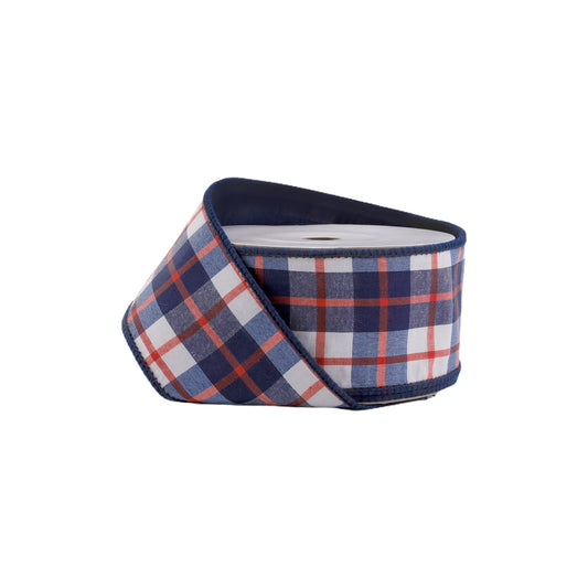 9115W-036-63E | 2.5" | Wired Dupioni Ribbon | Red/White/Blue Plaid | 10yds