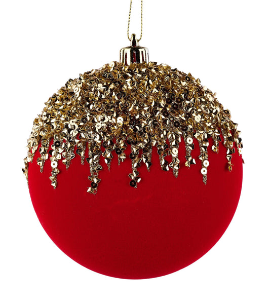 XJ7694T4 | 100Mm | Flocked/Sequin 2D Flat Ball Orn | Red/Gold