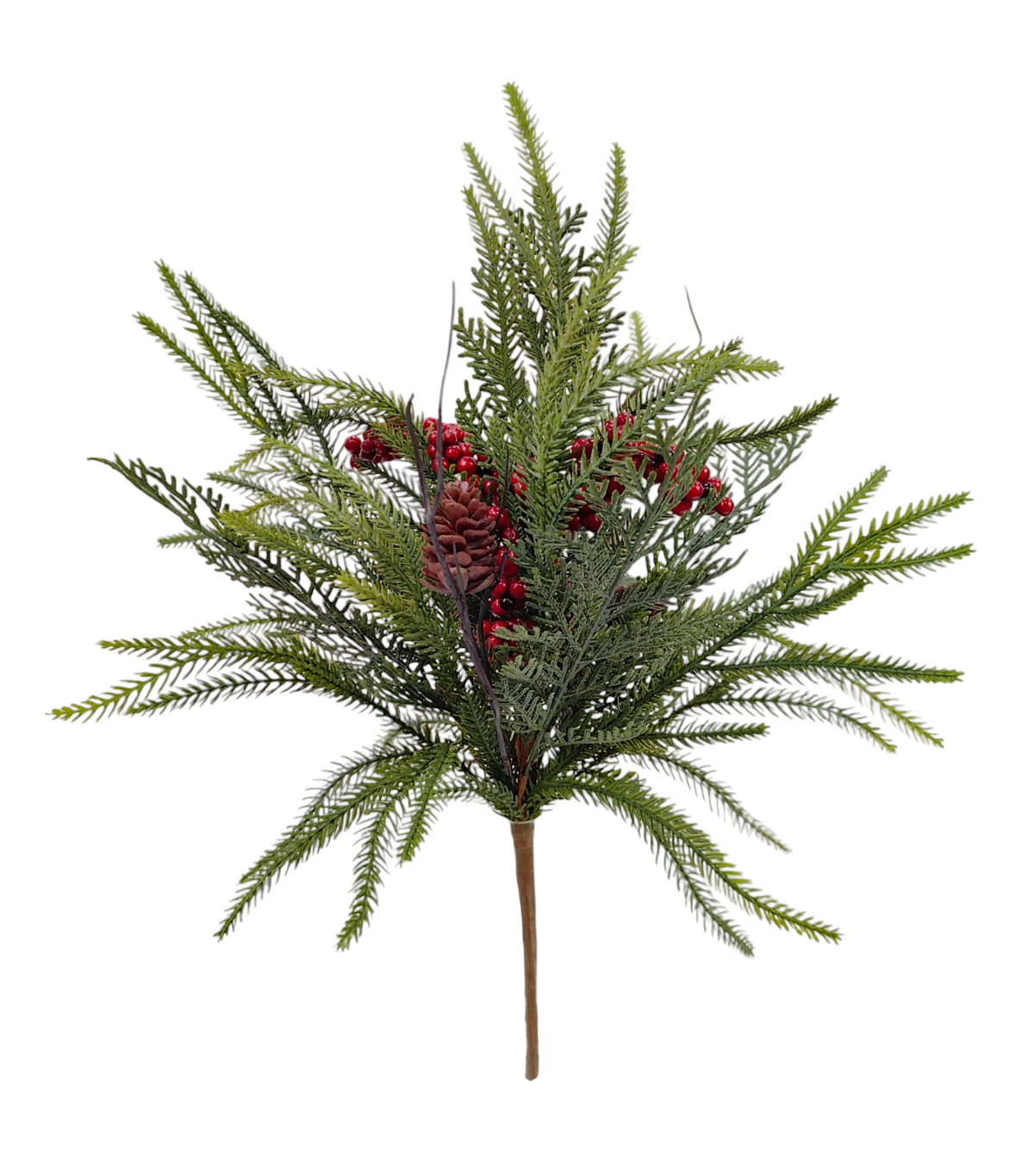 A&B Wholesale Market Inc 20.5-inch artificial pine berry cone bush with green needles, red berries, and pine cones.