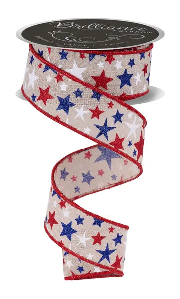 LS306918 | 1.5" | Red/White/Royal Blue Stars on Lt. Natural | 10yds