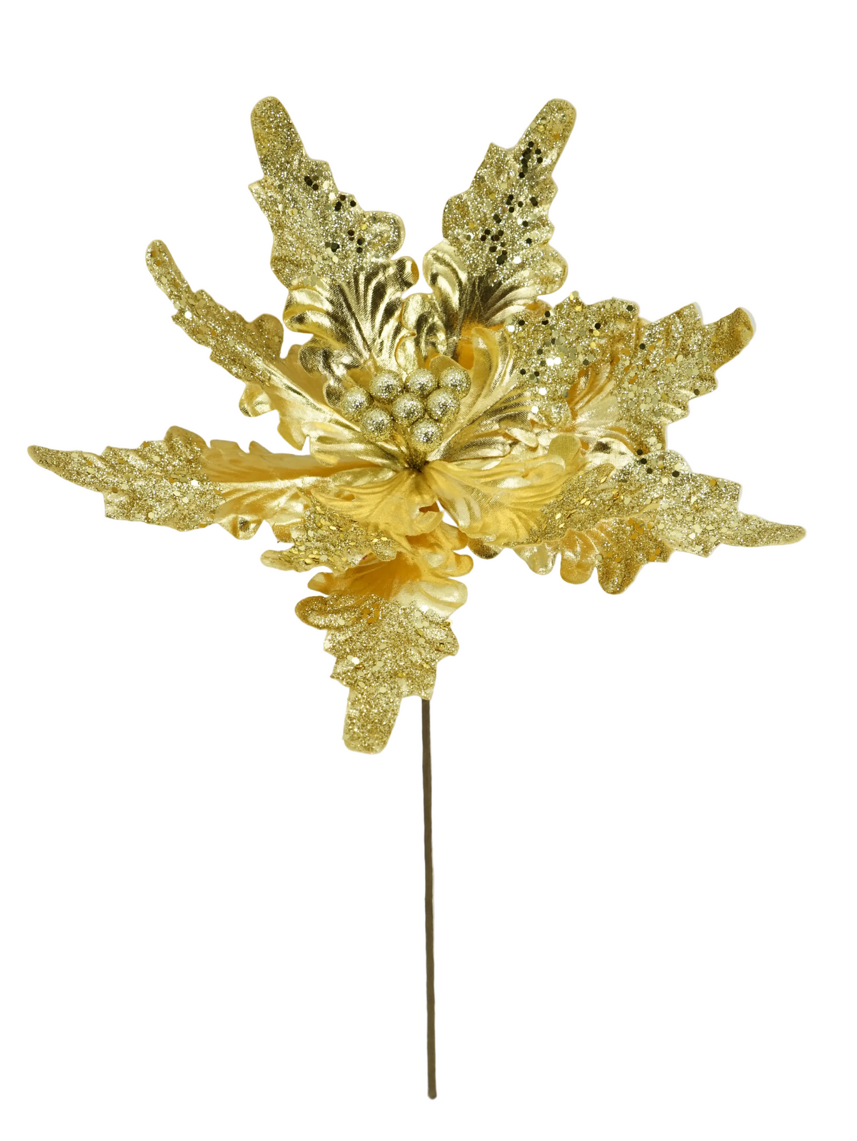40467-GOLD | 15" | GLITTER METALLIC POINSETTIA STEM | GOLD