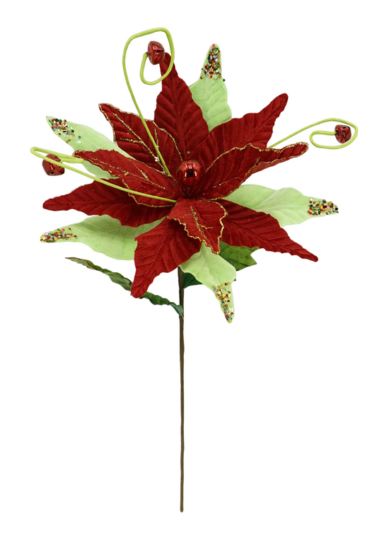 40476 | 15" | VELVET GLITTER POINSETTIA STEM | RED/GREEN