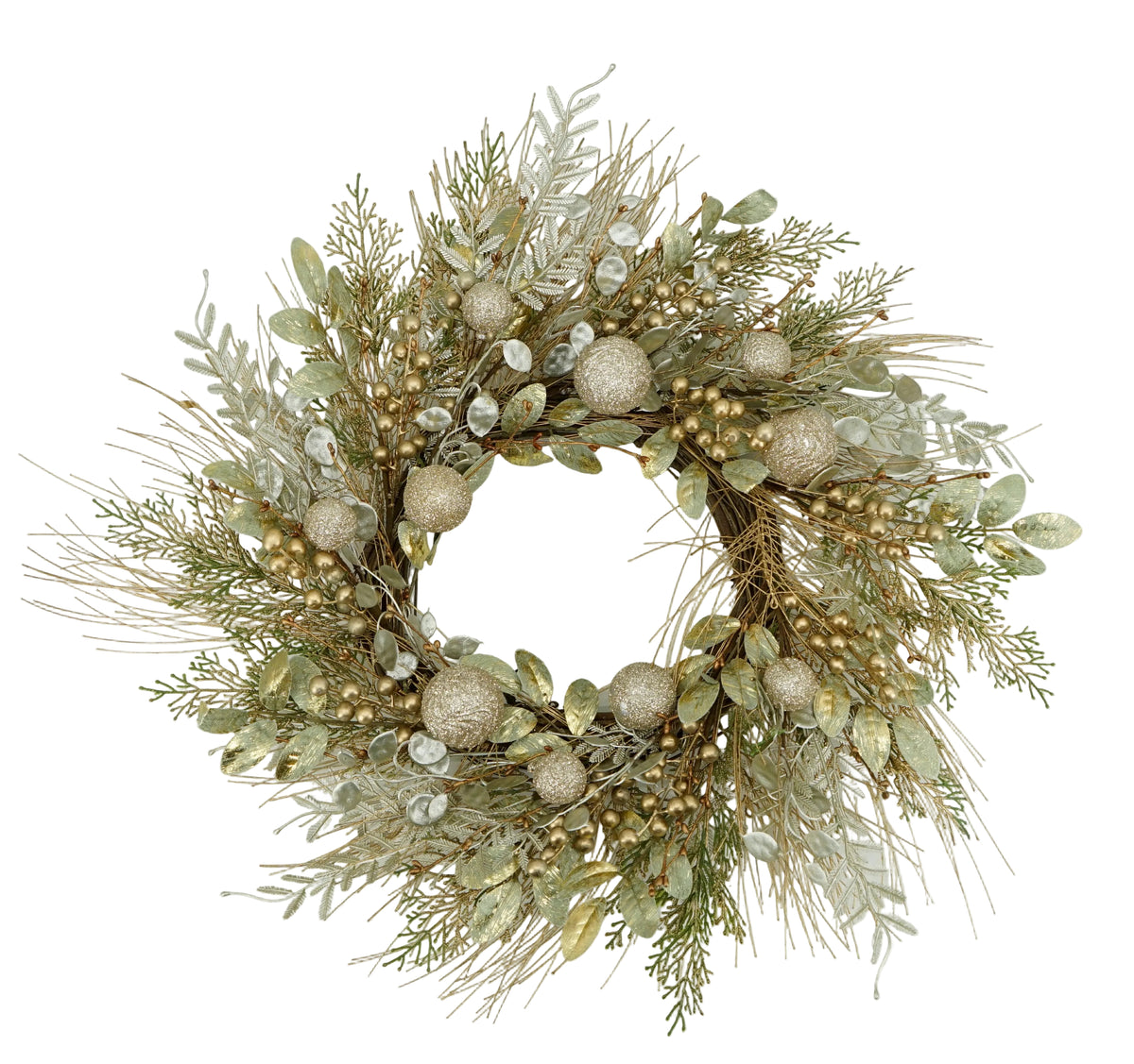 40525 | 24" | MIXED PINE BALL BERRY WREATH | GOLD