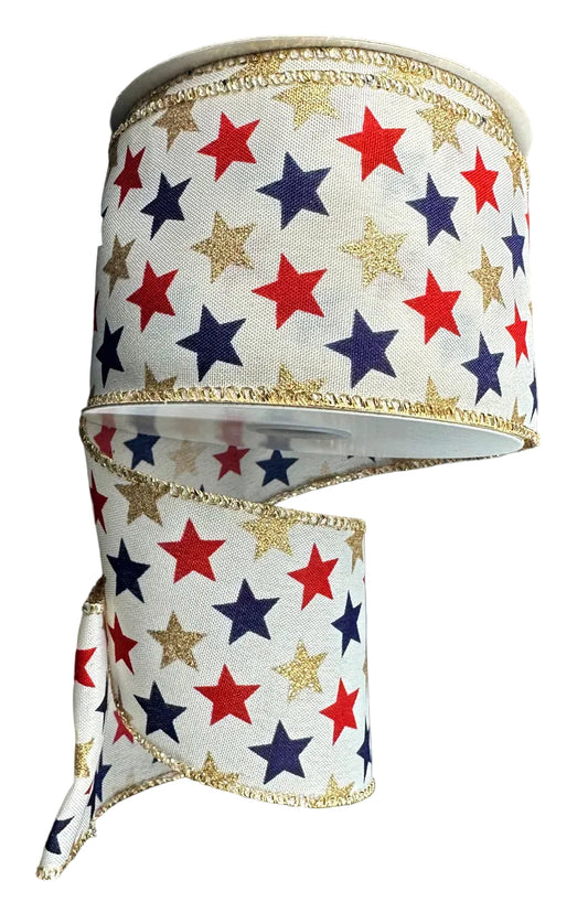 41501-40-14 | 2.5" | IVORY SATIN/NAVY RED GOLD STARS | 10YDS
