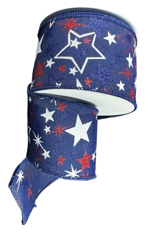 42605-40-27 | 2.5" | NAVY SATIN/GLITTER RED BLUE WHITE VARIED STARS | 10YDS