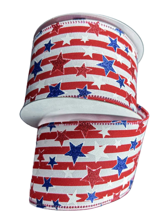 46404-40-13 | 2.5" | WHITE LINEN RED STRIPES/RWB GLITTER STARS | 10YDS