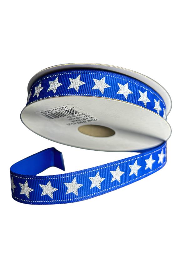 47457-03-25 Royal Blue Grosgrain/Big White Glitter Star-Dotted Edge 5/8''x10Y - A&B Wholesale Market Inc