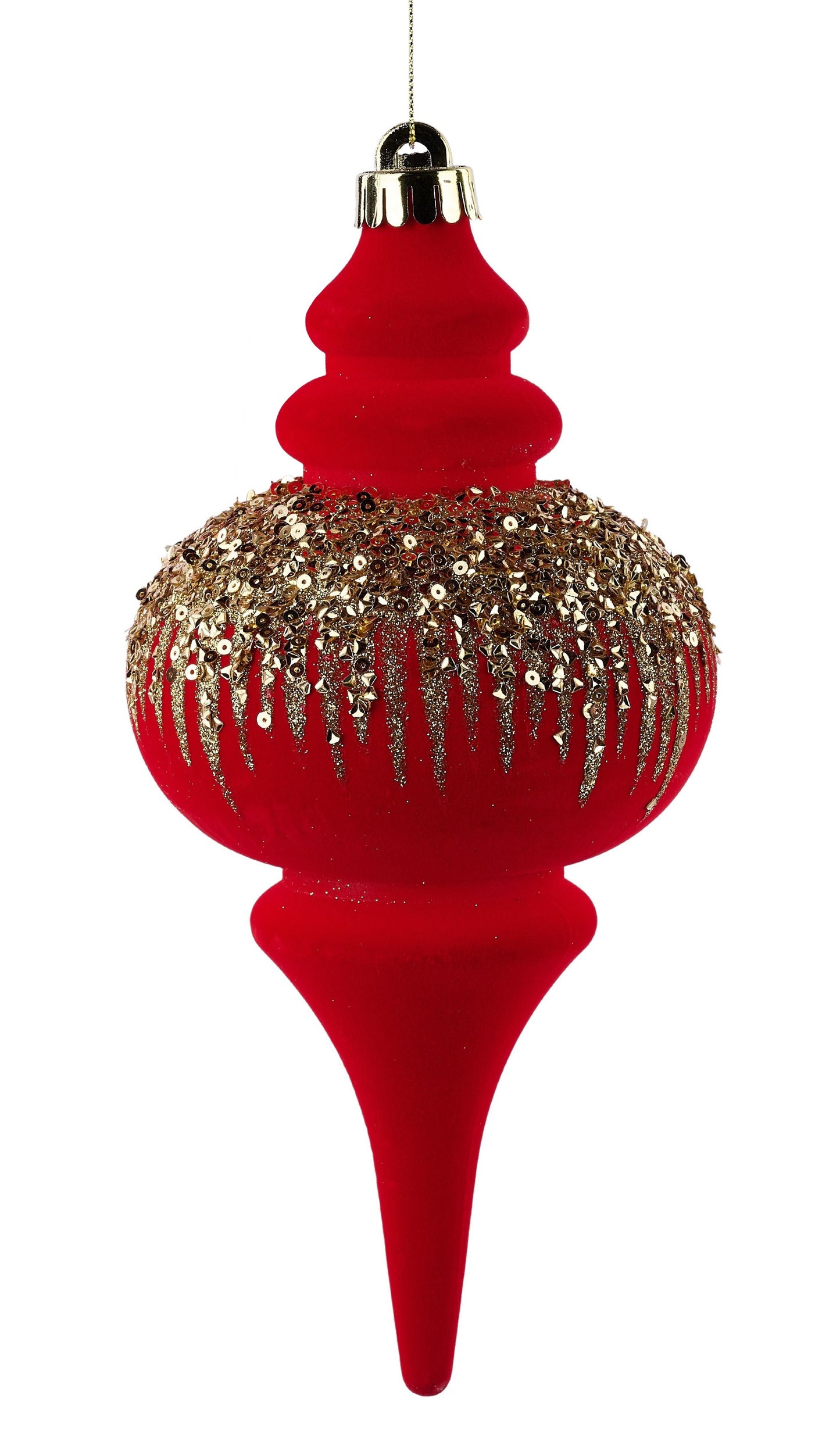 XJ7697T4 | 9.75"L x 4.75"Dia | Flock Finial Orn | Red/Gold