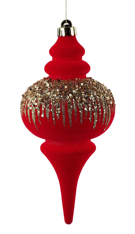 XJ7697T4 | 9.75"L x 4.75"Dia | Flock Finial Orn | Red/Gold