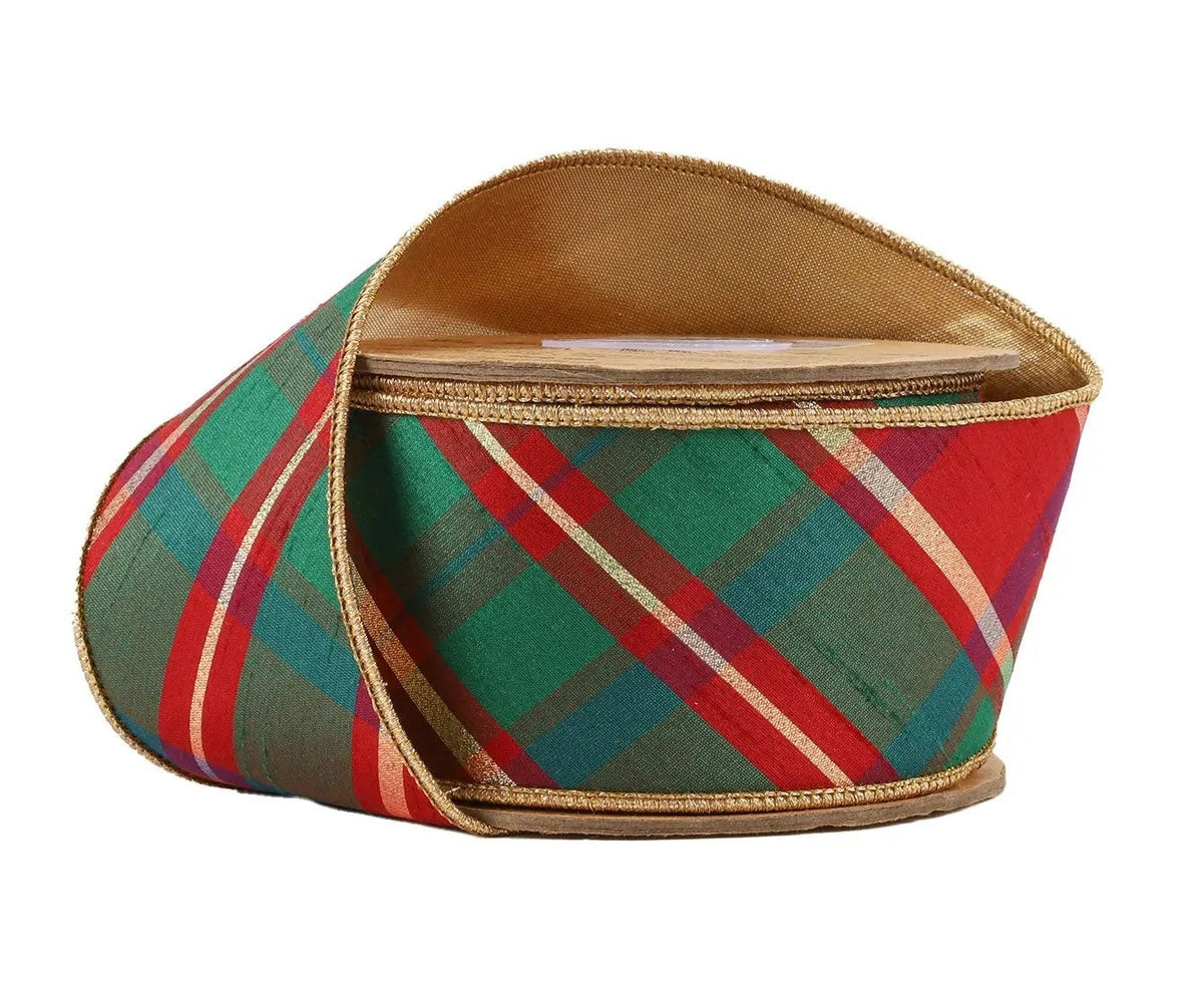 5605W-036-63E | 2.5" | Dupioni Red/Green/Gold Plaid Bias w/Double-Fused Gold Backing | 10yds