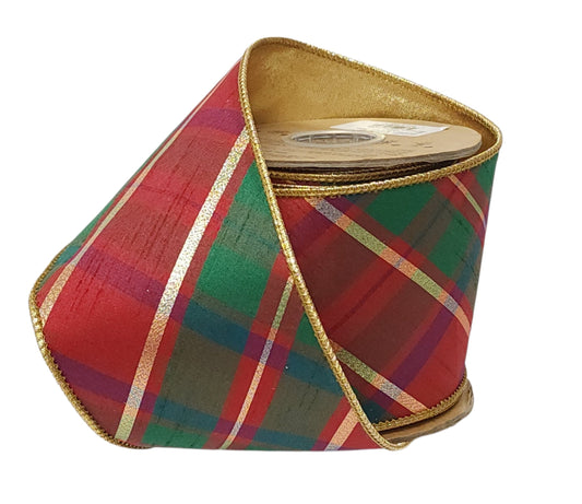 5605W-036-100E | 4" | Dupioni Plaid Bias Cut w/Double-Fused Gold Backing | Red/Green/Gold | 10yds