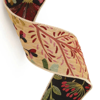 6500W-580-63E | 2.5" | Forest Pale Gold/Black | Reversible Floral Tapestry Wired Ribbon | 10YD