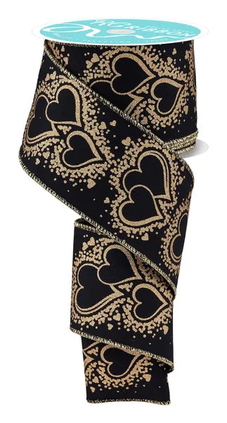 RGH110086 | 2.5" | Gold Hearts | Black/Gold | 10yds - A&B Wholesale Market Inc