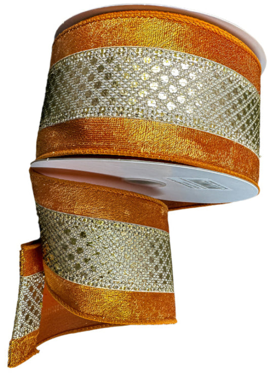 65527-40-15 | 2.5" | Gold Metallic Mesh w/Rust Velvet Edge | 10yds