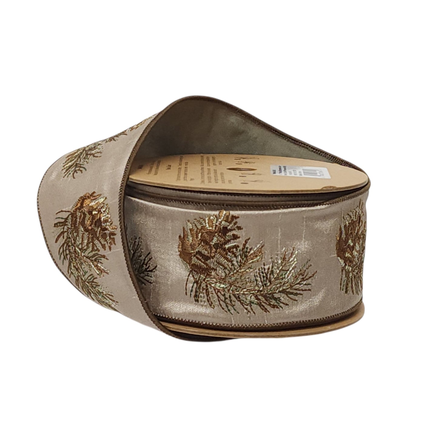 6904W-838-63E | 2.5" | Natural Embroidered Linen Pinecone and Sprig | 10yds