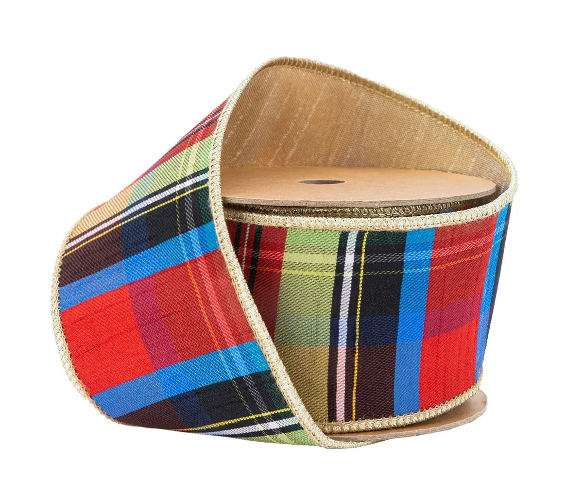 6913W-037-63E | 2.5" | Black/Lime/Red/Royal Plaid w/Gold Dupioni-fused Backing | 10yds