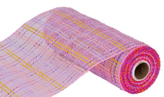 RE1368XK | 10" |  Vertical Foil Plaid Mesh |  Pink/Yel/Lav/Irid |  10yds