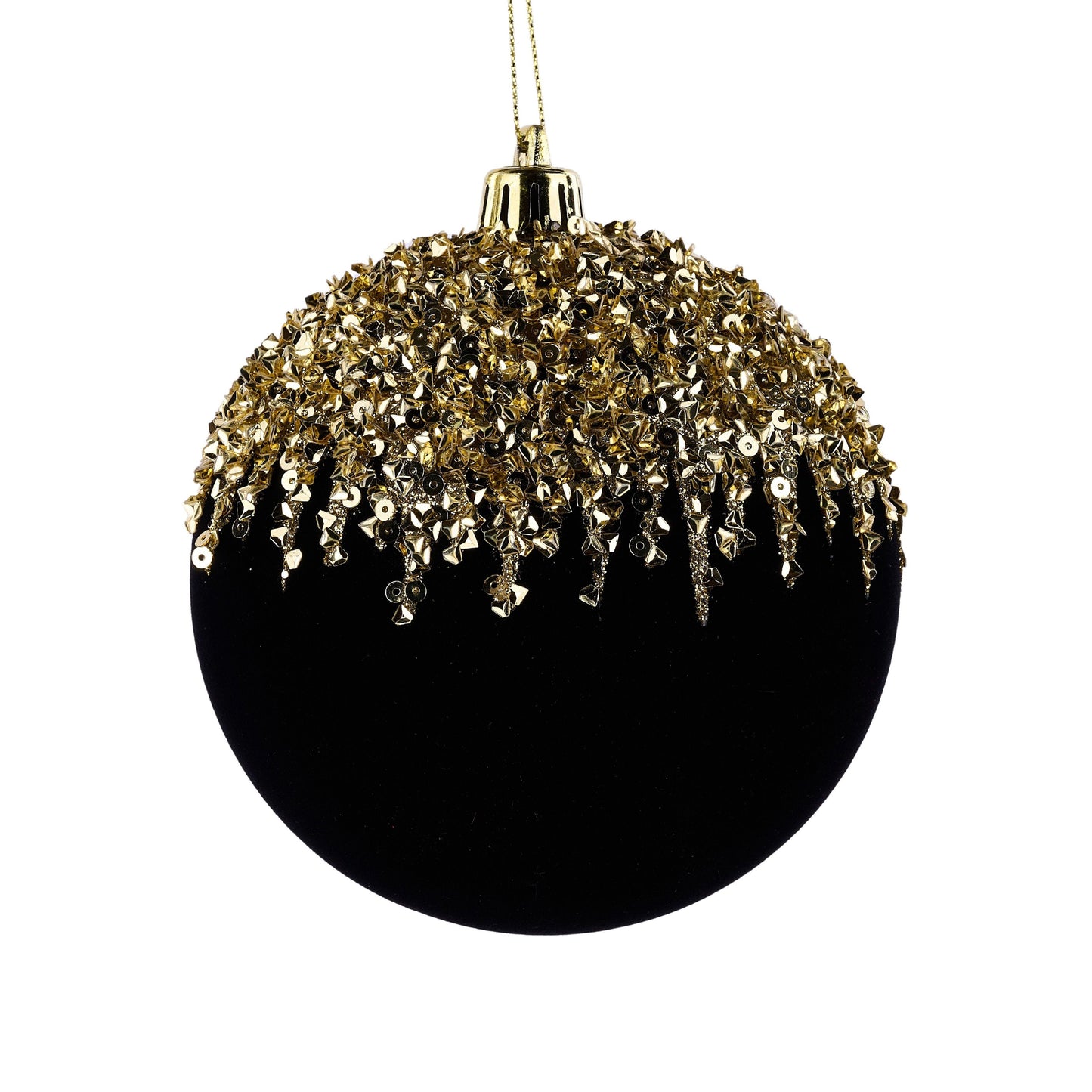 XJ7694RM |100Mm | Flocked/Sequin 2D Flat Ball Orn |Black/Gold