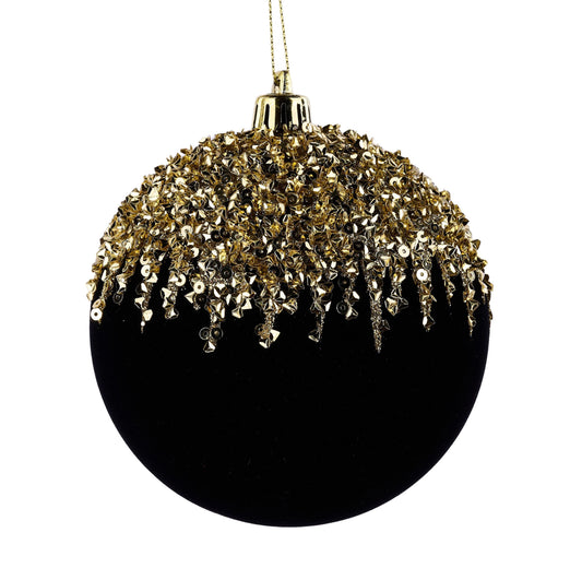 XJ7694RM |100Mm | Flocked/Sequin 2D Flat Ball Orn |Black/Gold