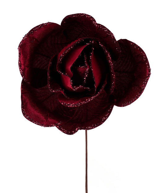 HV922005 | 10"Dia |  Velvet Glitter Rose Stem |  Burgundy