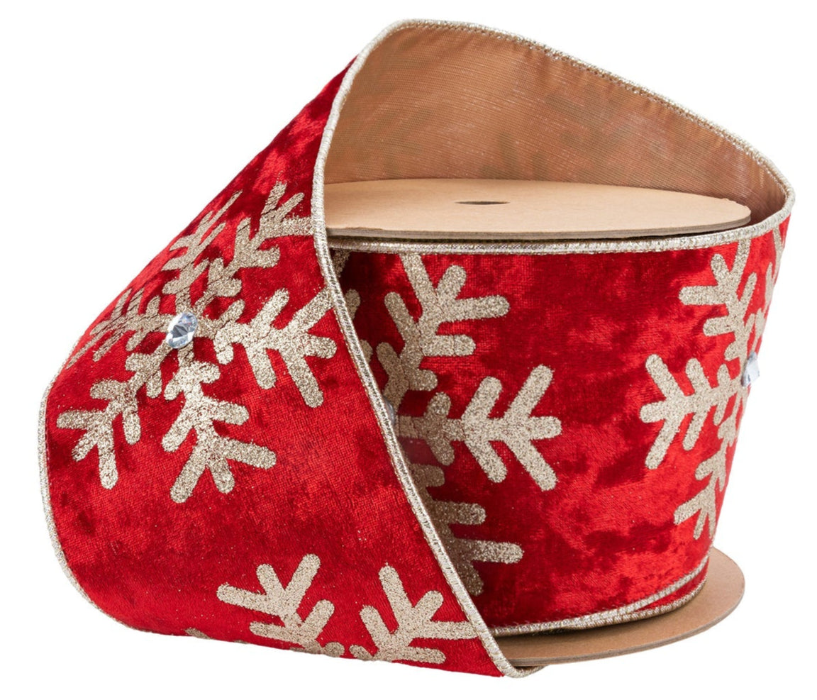 7017W-250-100E | 4" | Velvet Glitter Snowflake w/Jewel on Red | 10yds