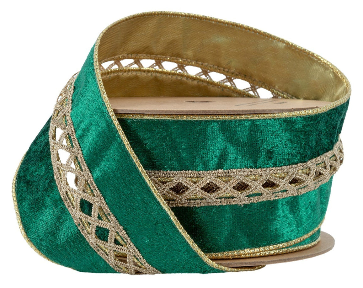 7018W-587-63E | 2.5" | Green Velvet Gold Criss-Cross Jeweled w/Gold Velvet Backing | 10yds
