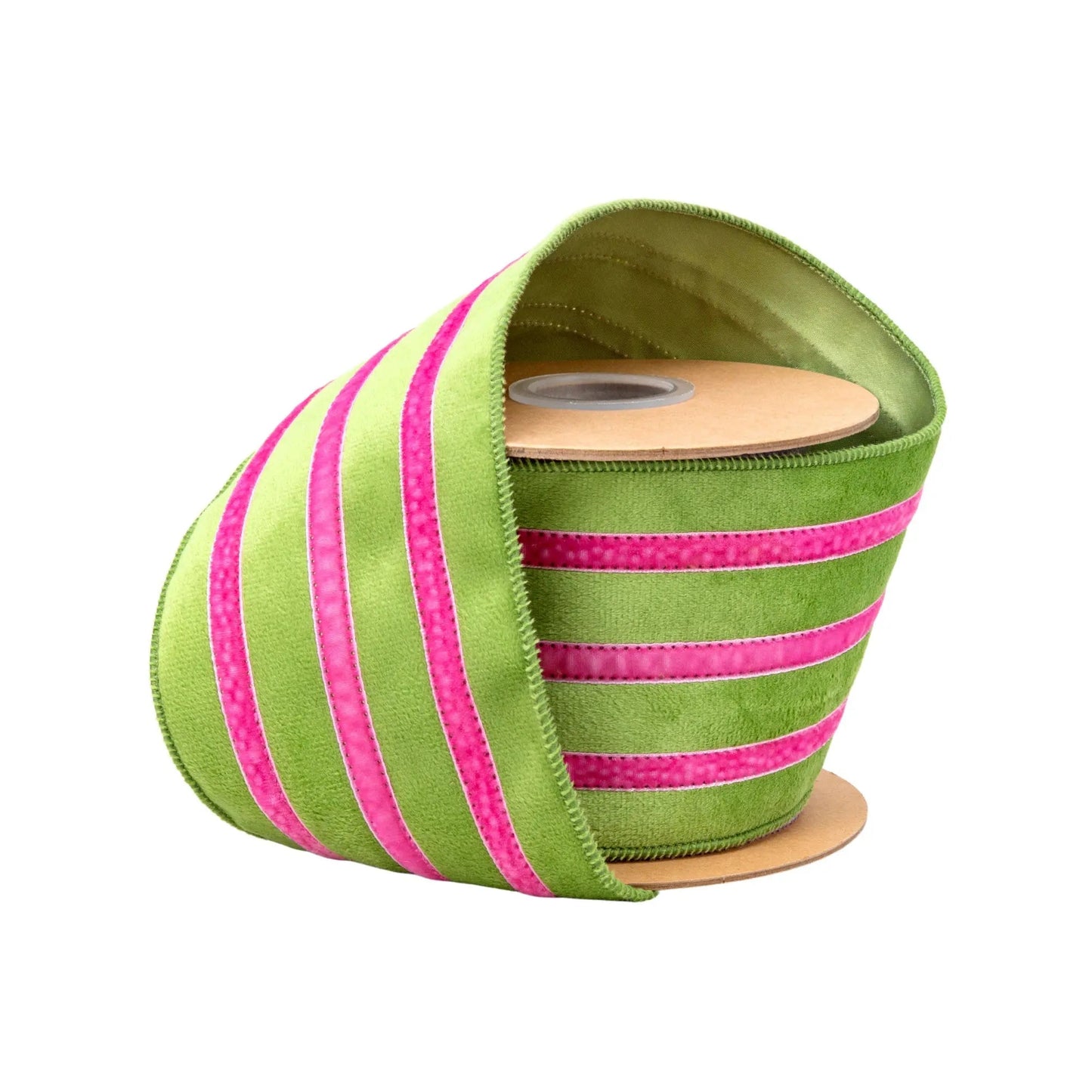 7020W-563-100E | 4" | Velvet Ribbon w/Trim | Green/Pink | 10yds