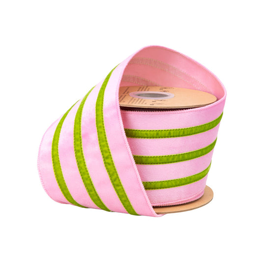 7021W-150-100E | 4" | Velvet w/Trim | Pink /Green| 10yds - A&B Wholesale Market Inc