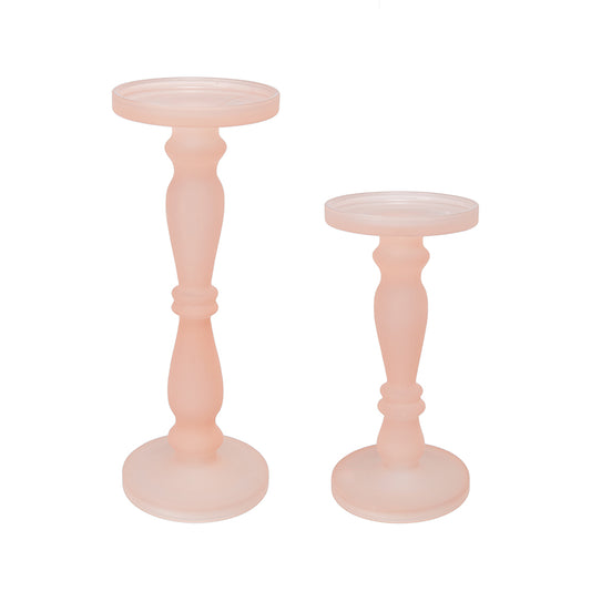 70460-BLUS-DS-SA | Pedestal Glass Candle Holders w/Frosted Pink Finish | 2Pcs/Set