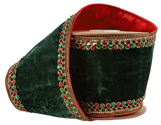 7052W-587-100C | 4" | Premium Velvet Ribbon | Jeweled Trim Green | 5yds