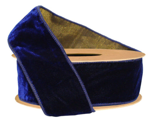 7050W-365-63E | 2.5" | Premium Velvet Ribbon w/Tissue Back | Blue/Gold | 10yds