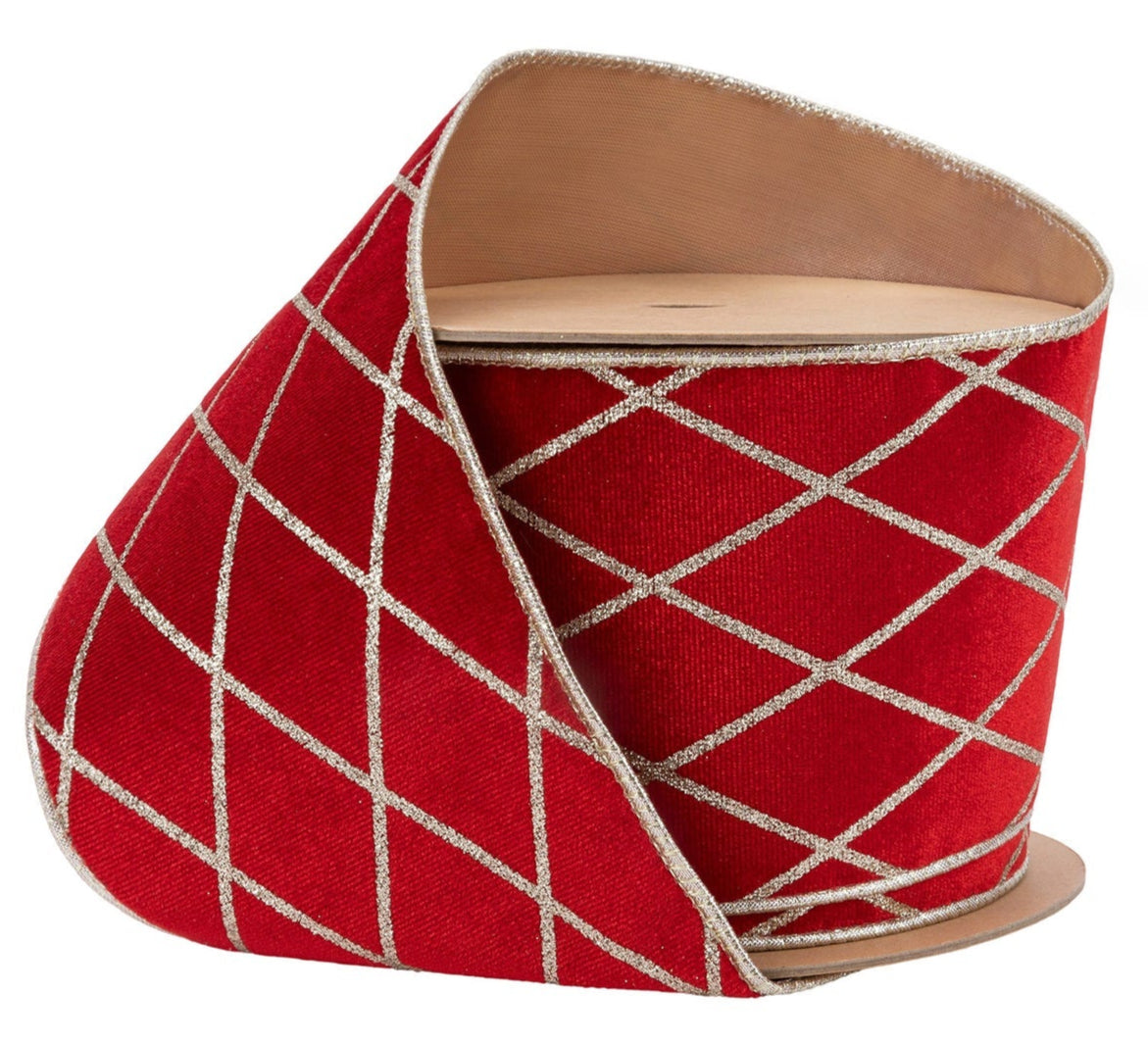 7112W-250-100E | 4" | Velvet Ribbon | Red w/Glittered Diamond | 10yds