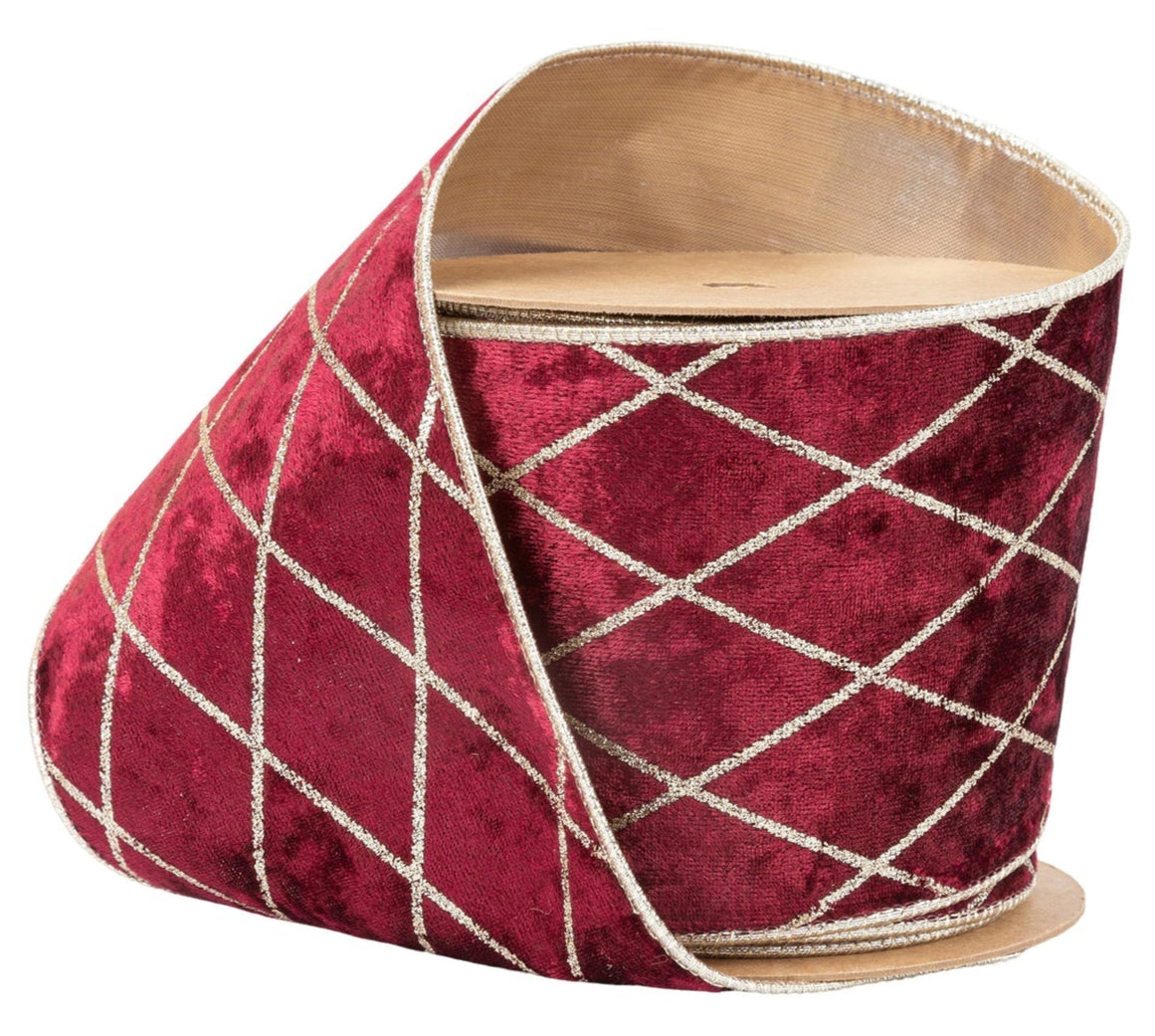 7112W-277-100E | 4" | Velvet Ribbon | Burgundy w/Glitter Diamond | 10yds