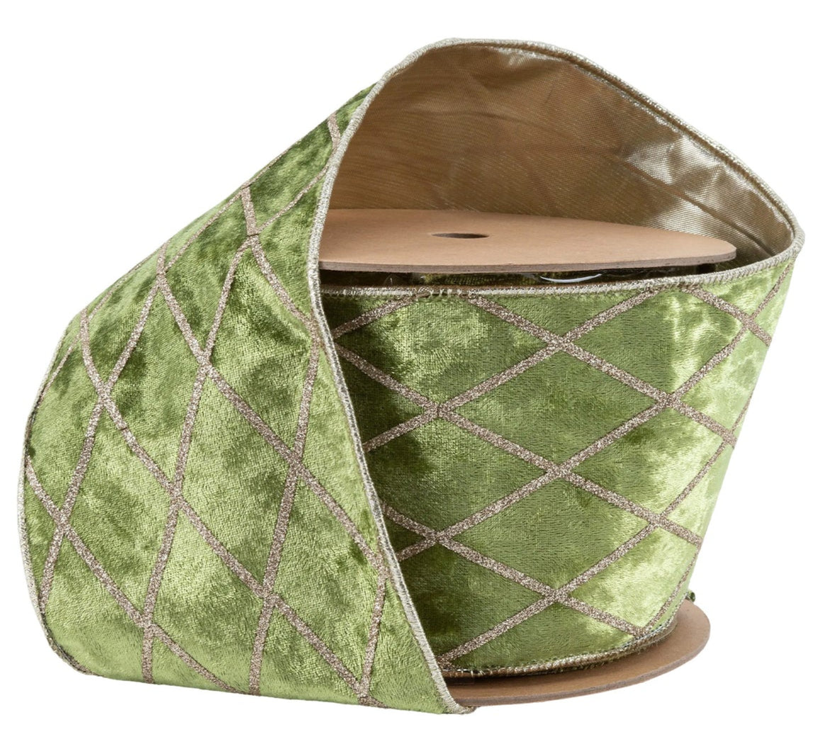 7112W-548-100E | 4" | Velvet Ribbon | Willow Green w/Glitter Diamond | 10yds