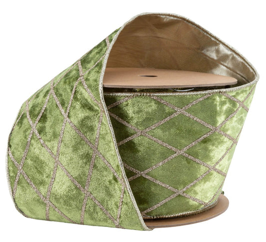 7112W-548-100E | 4" | Velvet Ribbon | Willow Green w/Glitter Diamond | 10yds