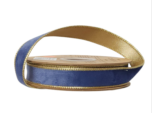 7115W-338-25E | 1" | Reversible Classic Velvet Ribbon | French Blue/Gold | 10yds