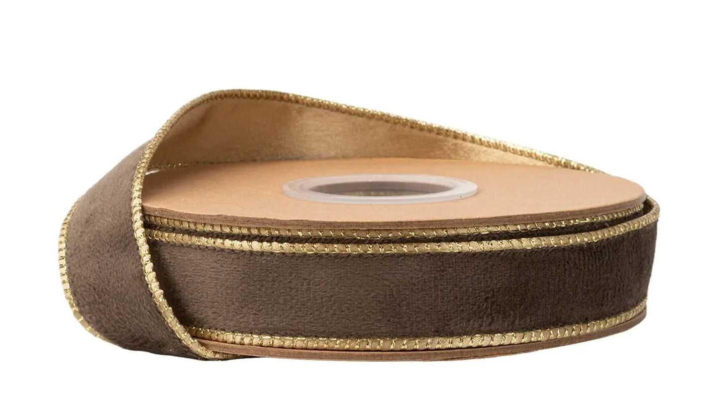 7115W-850-25E | 1" | Reversible Classic Velvet Ribbon | Brown w/Gold Shimmer Satin Backing | 10yds