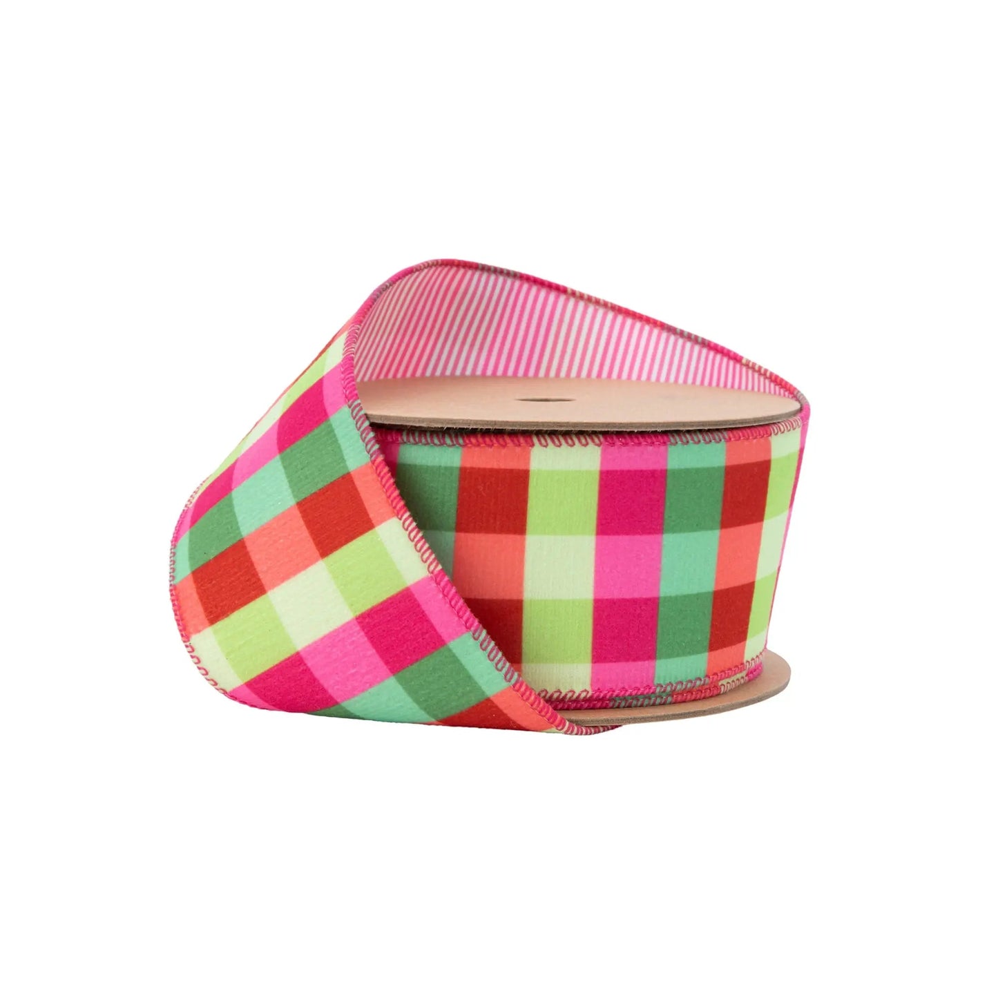 7119W-005-63E | 2.5" | Velvet Florescent Pink/Green Plaid w/Pink Stripe Backing | 10yds
