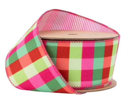 7119W-005-63E | 2.5" | Velvet Florescent Pink/Green Plaid w/Pink Stripe Backing | 10yds
