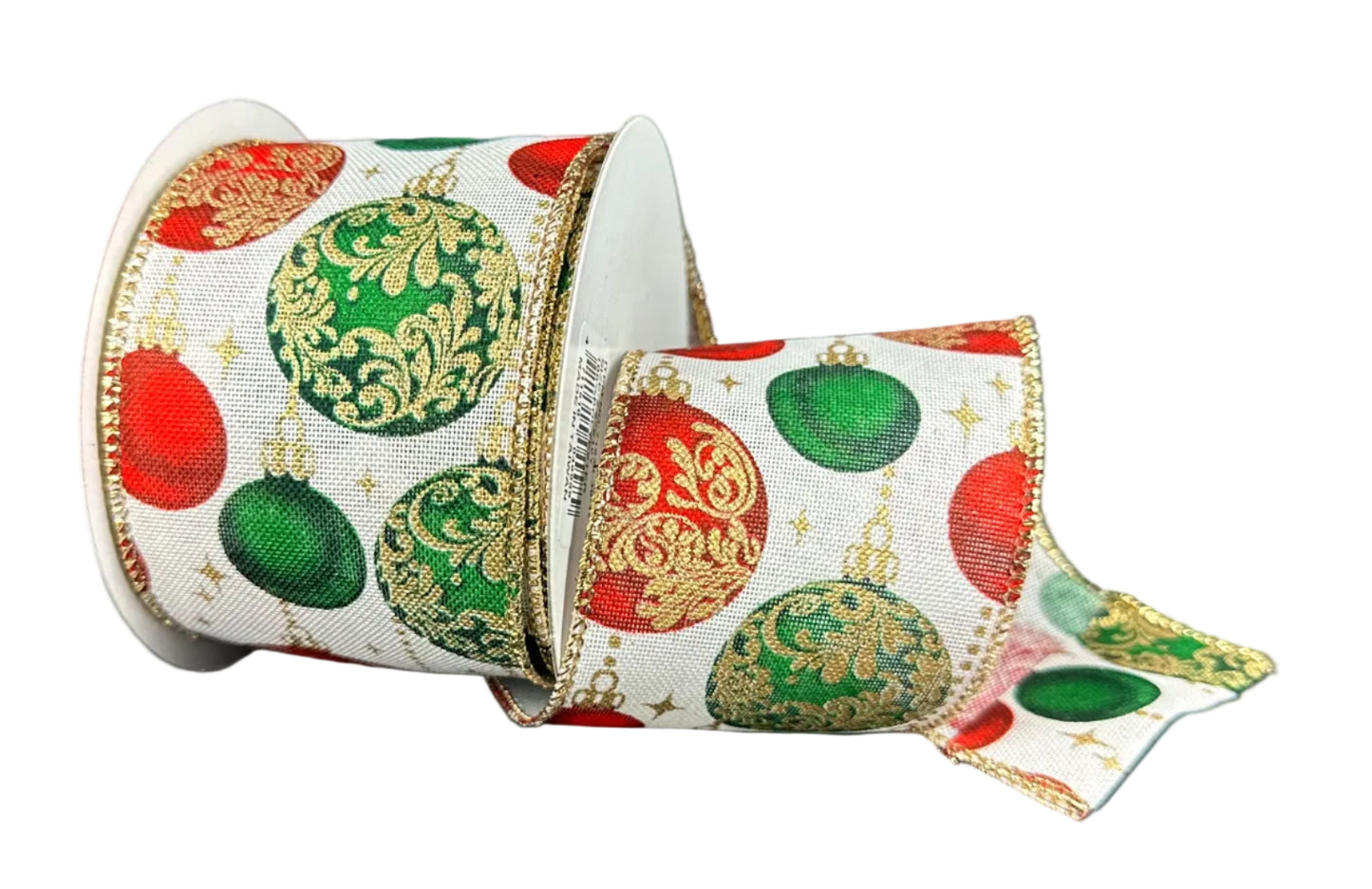 71634-40-15 | 2.5" | IVORY LINEN- RED/GREEN/GOLD BALLS | 10YDS