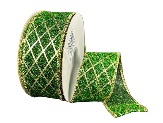 71668-09-29 | 1.5" | FUZZY METALLIC GREEN/GOLD DIAMOND LINES | 10YDS