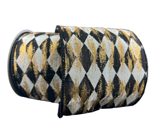 72437-04-20 | 4" | BLACK FADED HARLIQUIN W/METALLIC GOLD ON CREAM CANVAS | 10YDS