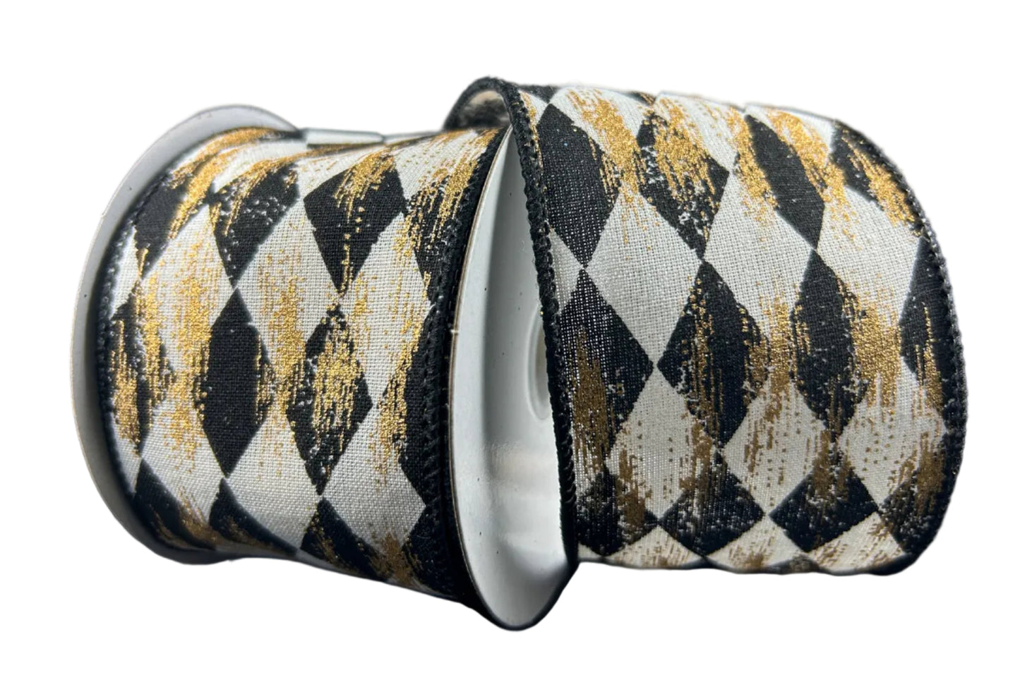 72437-40-20 | 2.5" | BLACK FADED HARLIQUIN W/METALLIC GOLD ON CREAM CANVAS | 10YDS
