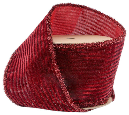 7253W-277-100E | 4" | Velvet Ribbon | Burgundy Stripe w/Burgundy Tinsel Edging | 10yds